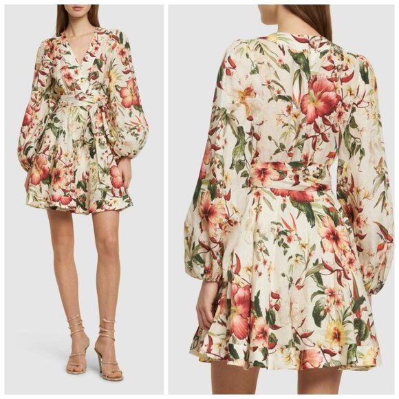 Zimmermann Lexi Floral Linen Wrap Mini Dress Size 1 / US 6 - Picture 8 of 14